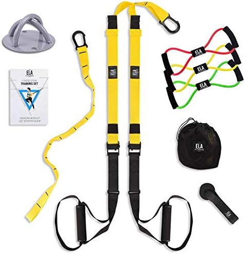 Suspension Trainer Bundle Kit I All in One I Bodyweight Training Straps - 3 Resistance Loop Bands - Wall Mount Bracket - Carrying Bag - Exercise Book I Body Workout & Home Gym