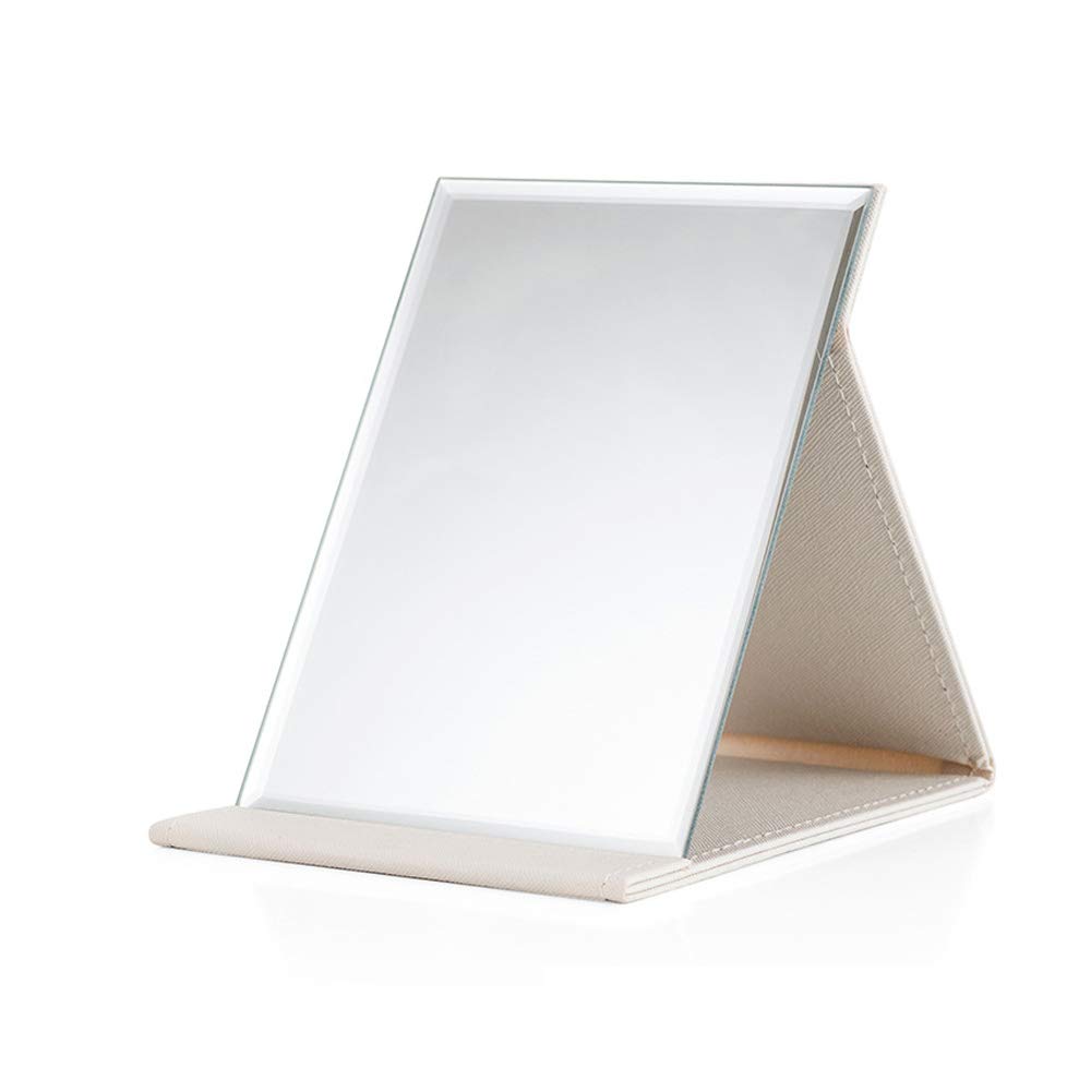 Hosoncovy PU Leather Folding Compact Travel Makeup Tabletop Mirror Desktop Vanity Mirror with Stand for Office Desk, Vanity Table, Camping (White)