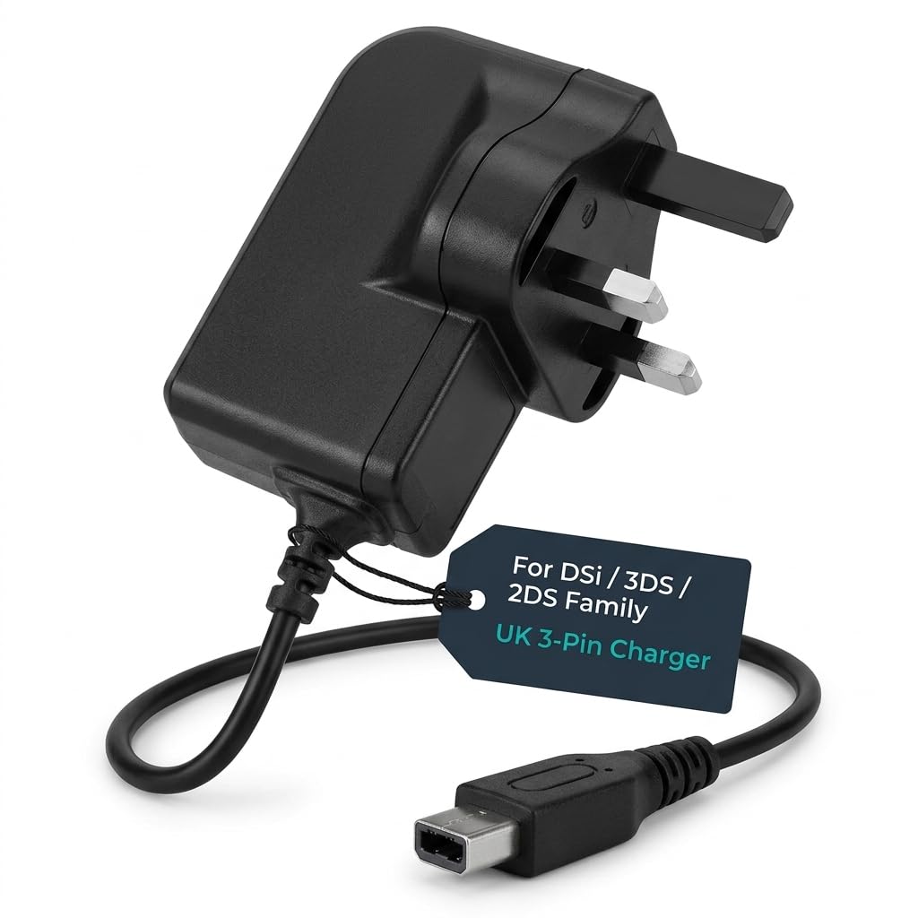 1A Mains Charger Wall Plug Adapter UK 3-Pin Compatible With Nintendo DSi, DSi XL, 3DS, 3DS XL, 2DS and 2DS XL - Lightweight Portable Charging Plug - CE Approved - By Electoys