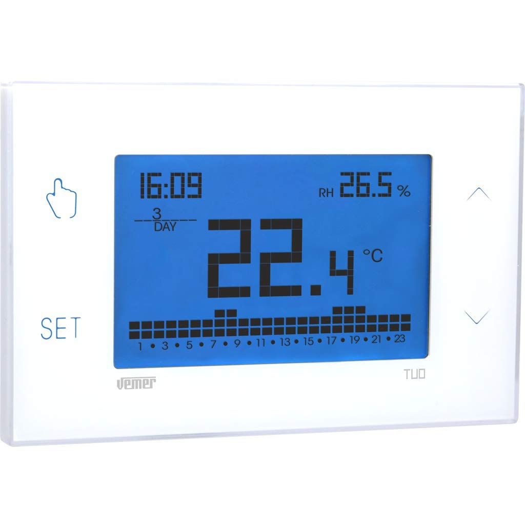 VEMER VE771600 Model TUO Bianco Weekly chronothermostat. Wall-mounting, 230Vac. Color White
