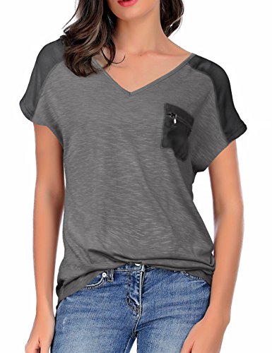 Vivilli Flowy Tops for Women, Ladies Dressy Tops Short Sleeve Fashion 2018 Business Casual Clothes V Neck Basic Tee Shirt Solid Color Zipper Pocket Blouse Top Carbon Black Large
