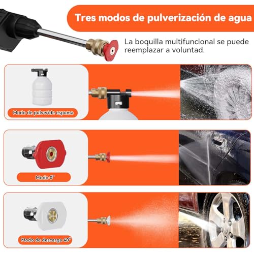 ACOVARK Hidrolavadora Inalámbrica Portátil con 2 Boquillas y Cañón de Espuma, Pistola para Hidrolavadora con Manguera de 5m, Alcance de 6-8 Metros, con Caja de Herramientas, para Pisos y Vehículos