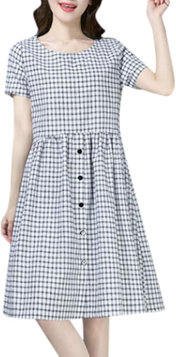Amazon レディース 夏 半袖 チェック柄 プリント Aライン プリーツ ミディ ロング ｔシャツ ワンピース 春 秋 ビンテージ ボタン付き 膝丈 ストレートドレス 韓国風 ルーズ 切り替え パッチワーク 森ガール 着痩せ 可愛い パーティ ビーチ 入学式 ワンピース