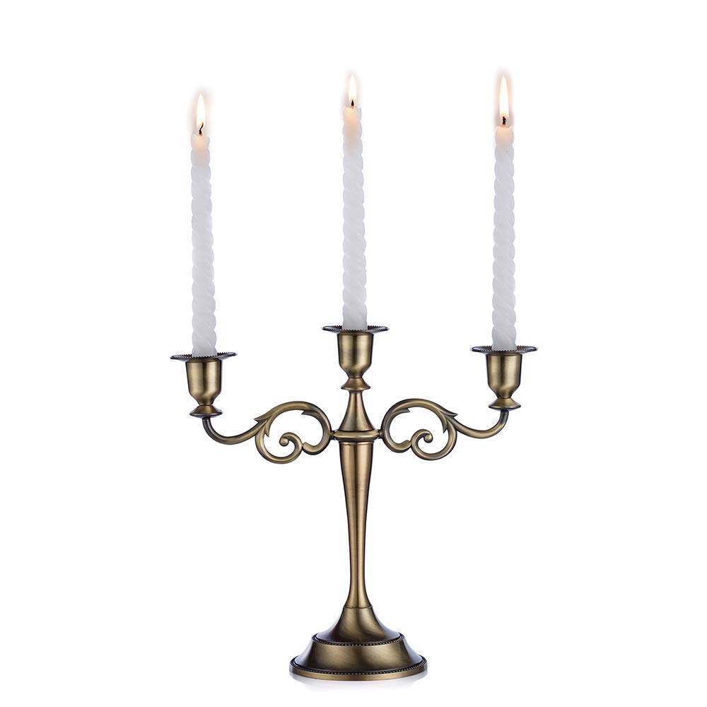 Sziqiqi Bronze Metal Candle Holder 3-arms Candle Stand 27cm Tall Wedding Event Candelabra Candle Stick, Bronze