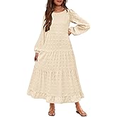 HOSIKA Girls Maxi Dress Long Sleeve Swiss Dot A Line Tiered Flowy Casual Party Dresses with Pockets for 6-12 Y