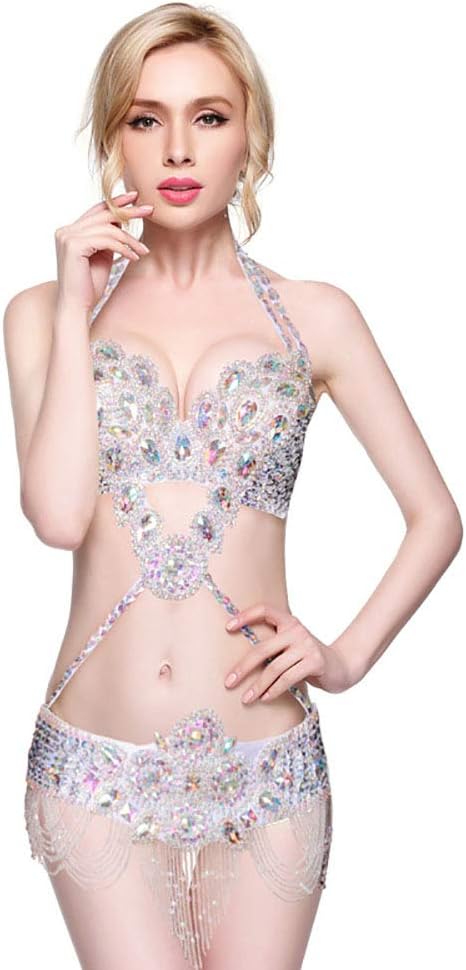 Belly Dance Costume for Women Tribal Belly Dance Bra and Belt Set Rhinestone Bra Top Sequin Belt Carnival Outfit