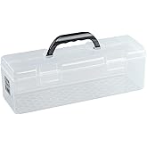 Flythww Plastic Storage Container with Lid, Clear Craft Tool Art Supply Sewing Organizer Box with Handle, Storage Bin for Paint Brush, Cards, Pencils, Crayon, Toys, Ribbons (L 13.98 x 4.21 x 4.72 in)