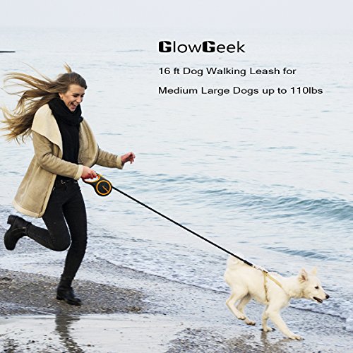 GlowGeek Retractable Dog Leash, 16 ft Dog Walking Leash for Medium Large Dogs up to 110lbs, Tangle Free, One Button Break & Lock , Lifetime Replacement Guarantee. Retracts 0-16ft - Orange