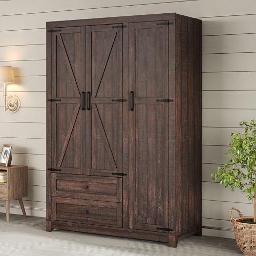 Jocisland Farmhouse 3 Door Wardrobe Closet with 2 Drawers & Hanging Rod, 47" Large Armoire Storage Cabinet with Adjustable Shelves, Freestanding Clothing Organizer for Bedroom, Barnwood Brown