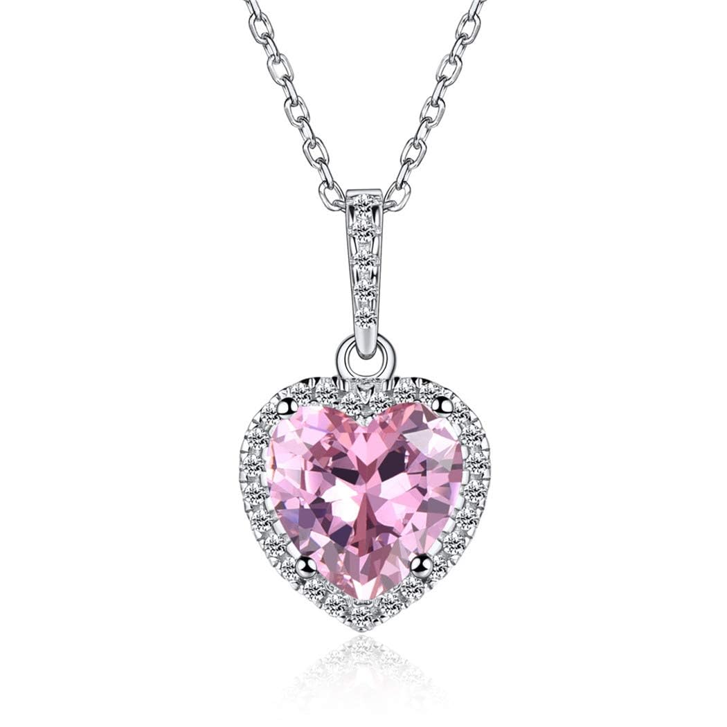 ChicSilver 925 Sterling Silver October Birthstone Necklace for Women Pink Gemstone Shape of My Heart Wedding Engagement Jewelry — image 1
