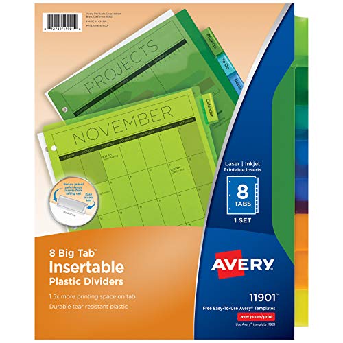 Avery 8-Tab Plastic Binder Dividers, Insertable Multicolor Big Tabs, 1 Set (11901)