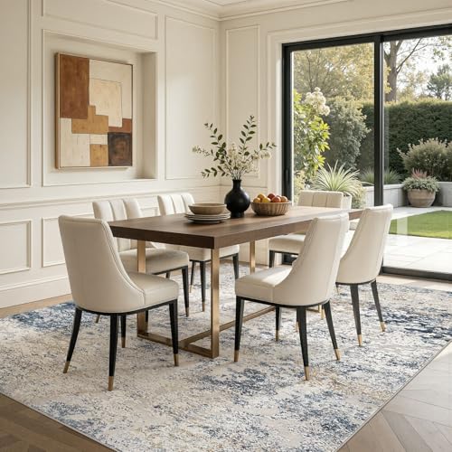 DMOYEST Washable Rugs Living Room 200x300cm - Large Abstract Neutral Modern Soft Non Slip Low Pile Kid Pet Friendly Carpet for Bedroom Dining Home Office - Beige/Blue