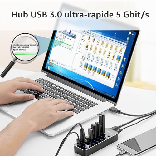 USB Powered Hub, RSHTECH Aluminium USB Hub 3.0 with 7 Ports USB 3.0 Multi-Socket with 5V/2A External Power Supply, Multi Port Hub, 5Gbps, Individual Switches and LED Indicator-Black (RSH-518)