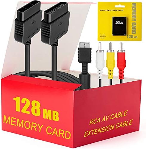 PS2 Accessories Bundle - 3 in 1 Essential Kit Including 128MB Memory Card + Audio Video RCA Cable and Controller Extension Cable for Sony Playstation 2 PS2 Console