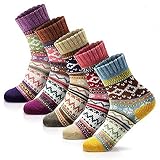 Women Vintage Soft Warm Thick Knit Wool Casual Cozy Crew Socks Vintage Colorful Cute Pattern Socks for Women 5 Pack fits shoe size 5-8