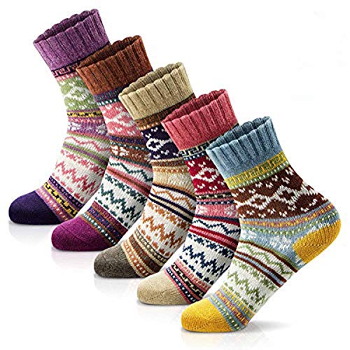 Women Vintage Soft Warm Thick Knit Wool Casual Cozy Crew Socks Vintage Colorful Cute Pattern Socks for Women 5 Pack fits shoe size 5-8