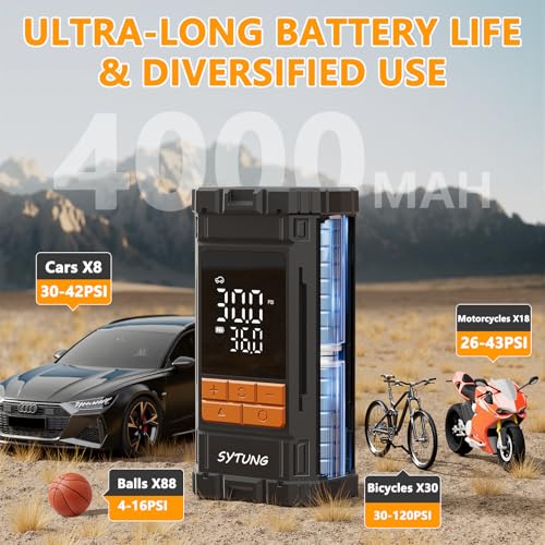 SYTUNG Portable Air Compressor 150PSI Rechargeable Wireless Tire Air Compressor with Digital Display LED Light, for Car Tires and Other Inflatable Products