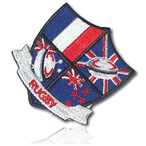 [1 Count Single] Custom and Unique (2" x 2 1/4" Inch) â€œSportsâ€ Shield Egg Shaped "Sparkling" Ball British Flag Rugby Stars Stripes Lined Barred Iron On Embroidered Applique Patch {Red, White & Blue}