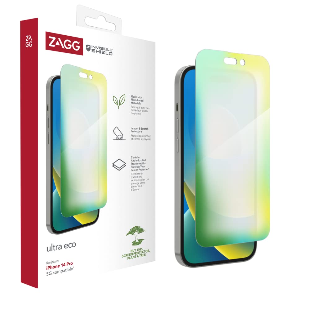 ZAGG InvisibleShield Ultra Eco Screen Protector for iPhone 14 Pro, Shockproof, Scratch Resistant, Organic, Anti-Microbial, (Clear)