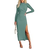 MIROL Women's 2026 Spring Fall Long Sleeve Maxi Dress Mock Neck Slit Ruched Business Casual Wedding Guest Cocktail Dresses