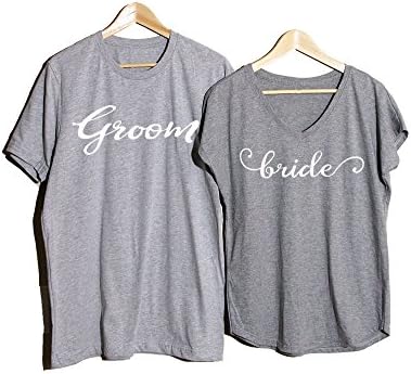 Groom & Bride Matching Couple T-shirts Grey Crew Neck/ V Neck Set of 2