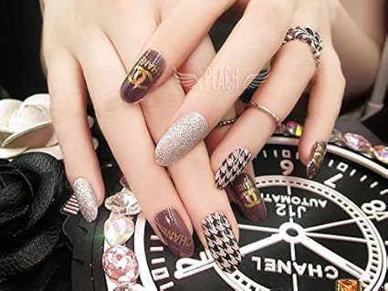 Amazon Co Jp 24 枚入ネイルチップ 千鳥格子パターンの ネイルチップの長いラウンドパッチによる ホーム キッチン