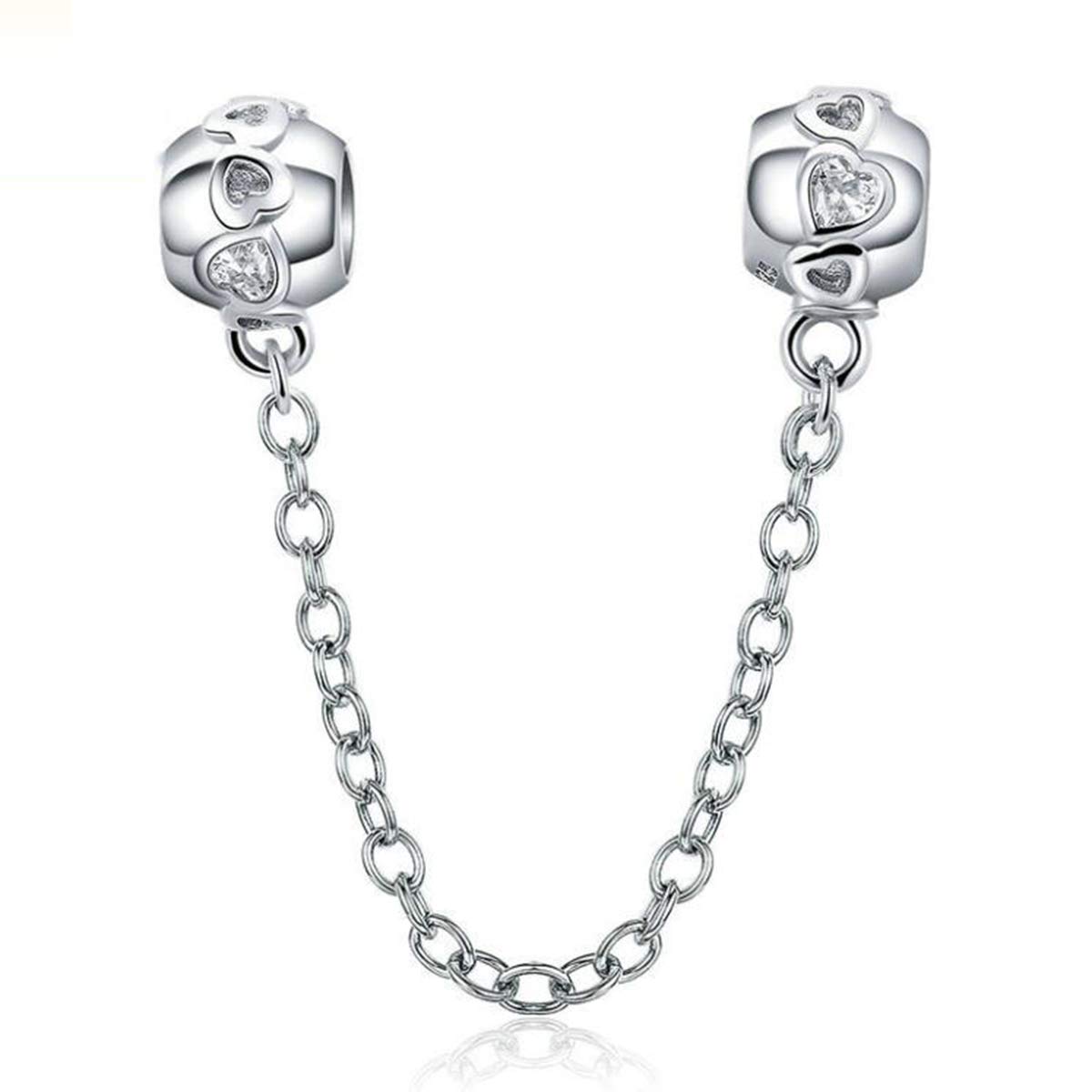 925 Sterling Silver Beads Safety Chain Stopper Charms For Pandora Women's European Style Snake Chain Bracelet Jewelry (Love Crystal Safety Chain)