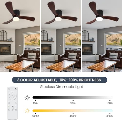 GESUM 42" Ceiling Fan with Lights Remote Control, Low Profile Ceiling Fan with 3 Walnut Wood Blades, Reversible,Dimmable, Flush Mount Ceiling Fans for Living Room Kitchen Bedroom(Black+Walnut)