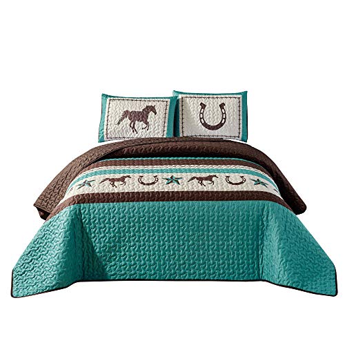WPM WORLD PRODUCTS MART Western Teal/Beige/Brown Horseshoe, Horse, Barb Wire Cowboy Print Bedspread 3 Piece Southwestern Cabin Lodge Design Coverlet Quilt Set- JENA (Queen) - Thumbnail 7