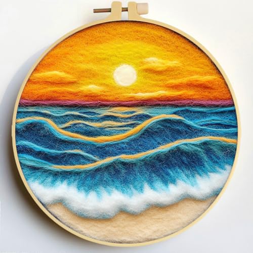 DIY Needle Felting Kits Golden Beach and Sea Waves Sunset Easy for Beginners Needle Felt Starter Set Handmade Wool Painting Art for Adults and Kids Decompress 20x20cm-15