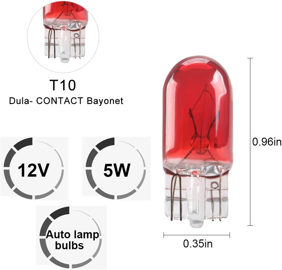 Sidaqi Standard Miniature T10 W5W Halogen Bulbs Bright Red 194 168 501 Wedge Daytime Running Lights DRL Side Maker Dashboard light Brake Tail Reverse Fog bulbs-10PCS - Image 3