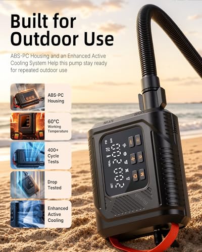12V DC Paddle Board Pump, Electric Portable SUP Air Pump with Car Cigarette Lighter, Preset Pressure & Auto-Off, Dual-Stage Fast Inflate/Deflate, 20 PSI Max, 7 Nozzles for Paddleboards, Kayaks, Boats | 12V vehicle-powered SUP pump with dual-stage inflation, preset pressure and auto shut-off up to 20 PSI.