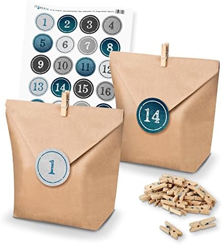 itenga DIY Advent Calendar Make Your and Fill Selberbe Christmas Sticker Paper Bags Clips Numbered Stickers Shades of Blue???Blue/Light Blue
