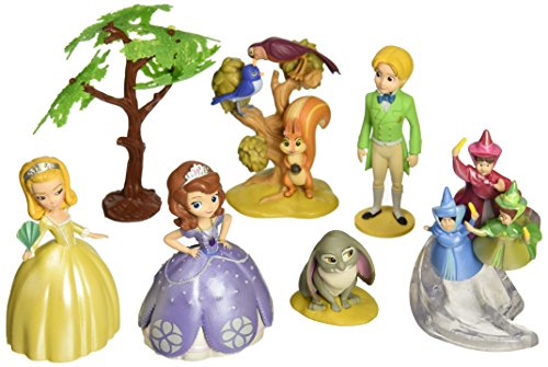 Sofia the First 13 Piece Birthday Cake Topper Set Featuring Sofia, Amber, James, Flora, Fauna, Merryweather, Clover the Rabbit, Squirrel and Birds, Sofia Castle Backdrop, Decorative Tree, Princess Tiara, and Decorative Sofia Character Cutouts