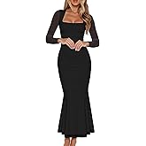 BORIFLORS Women's Ruched Bodycon Long Sleeve Maxi Dress Mesh Square Neck Cocktail Party Long Dresses