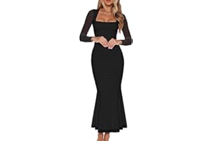 BORIFLORS Women's Ruched Bodycon Long Sleeve Maxi Dress Mesh Square Neck Cocktail Party Long Dresses