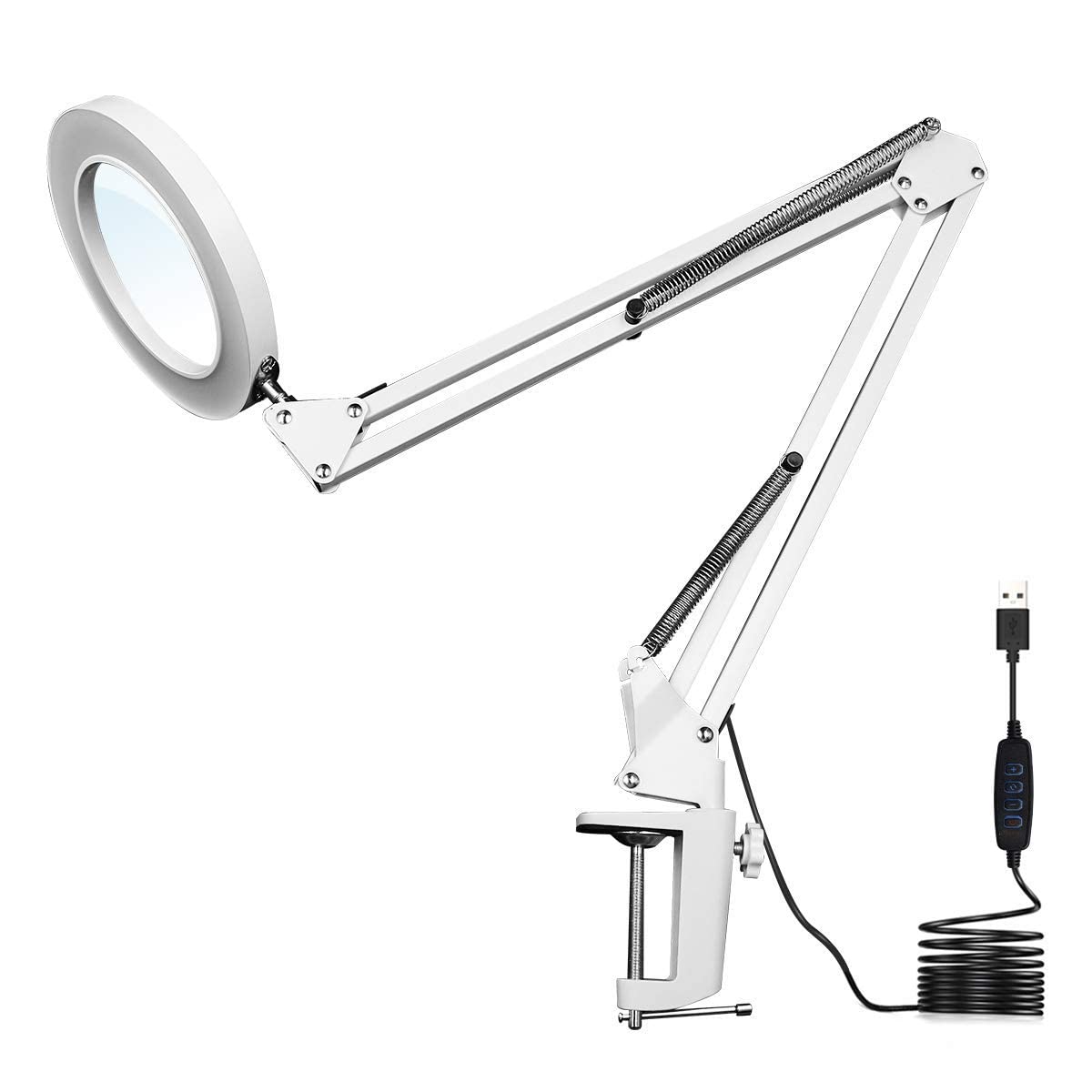 LED Magnifying Lamp, Adjustable 10X Magnifier Desk Lamp with 3 Colors 4.13" Diameter Glass USB Magnifying Lamp with Adjustable Swivel Arm (White)