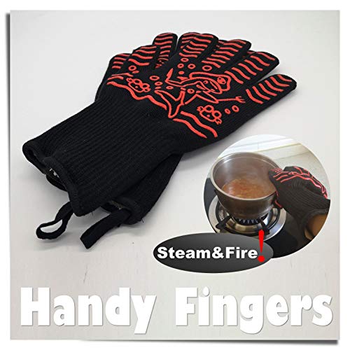 HIGHCAMP Heat Resistant Grill BBQ Gloves Oven Mitts - Hot Grilling Cooking Baking Frying Smoking Gloves with Toaster Bags - Perfect As Kitchen Household Camping Red