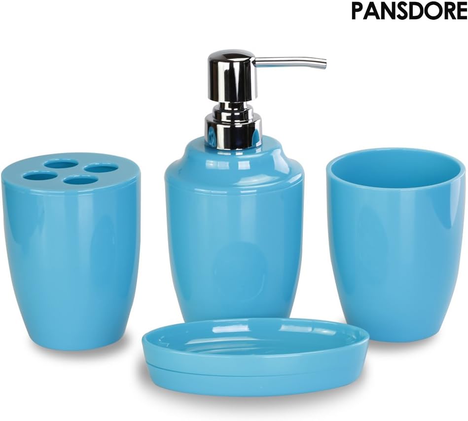 LIDOR® 4 Piece Bath Accessory Set - Bathroom Accessories Collection Set - Soap Pump/Toothbrush Holder/Tumbler/Soap Dish (blue)