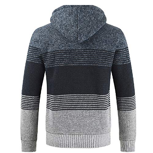 Autumn Winter Packwork Hooded Zipper Jacket Knit Cardigan Long Sleeve Coat Men Blue