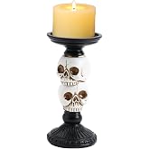 Skull Candlestick Holder for Halloween Decoration, 2 Skulls Skeleton Spooky Decor Pillar Candle Holder, Antique Creepy Skeleton Black Taper Candle Holders for Halloween Christmas