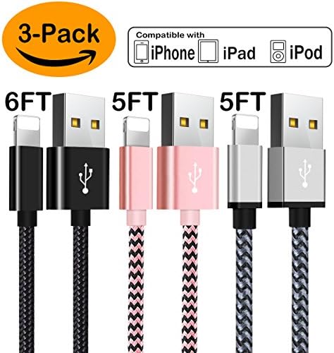 Lightning Cable for iPhone, Charger Cable 3Pack 6FT 5FT 5FT, Long Durable Nylon Braided Charging Cable for iPhone, Charger Cord for iPhone X 8 7 SE 6S 6 5C 5S Plus iPad Mini Air Pro Black Silver Pink