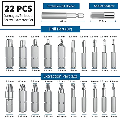 22 Pieces Damaged Screw Extractor Kit Stripped Screw Extractor Set DIY