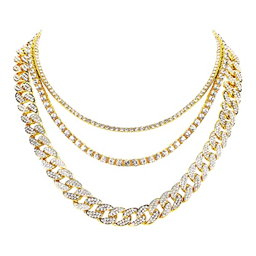 HH BLING EMPIRE Gold Silver Chain Necklace for Men Women Iced Out Diamond Tennis and Cuban Link Chain Necklaces Hip Hop Jewelry Sets 3Pc 18/20/24 Inch