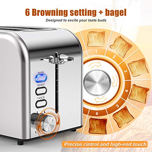 Toaster 2 Slice Toasters Stainless Steel 2 Slice Toaster Best Rated Prime Wide Slot with 6 Bread Shade Settings, Bagel, Reheat, Cancel Function, Removable Crumb Tray