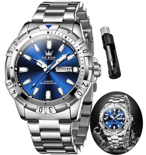 OLEVS Men Watch Blue Large Dial Dress Waterproof Stainless Steel Luxury Men's Wrist Watches Silver Blue Analog Quartz Date Watches for Men