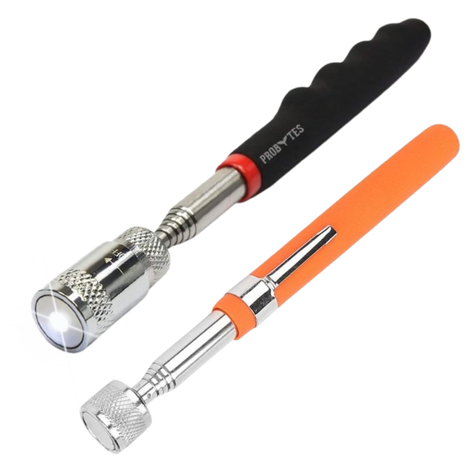ProBytes Telescopic LED & Magnetic Tool Picker/Finder Set - Extends to 80 CM/31 Inch & 66 CM/26 Inch Lifts 8 Lbs/3.6 Kg & 5.5 Lbs/2.5 Kg max Retriever Stick Metal Grabber Wand Rubber Grip Black-Orange