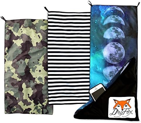 DryFoxCo Quick Dry Reversible Microfiber Beach & Travel Towel with Exclusive Water-Resistant Pocket for Valuables- Compact, Lightweight, Absorbent, Soft, XL 60"x30" - Outdoors, Backpacking, Sports