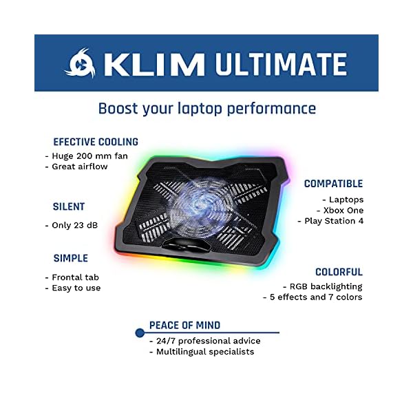 KLIM-Ultimate-Laptop-Cooling-Stand-with-RGB-backlighting-11-17-Gaming-Laptop-Cooling-Pad-For-Desk-New-2021-USB-Powered-Fan-Very-Stable-And-Silent-Compatible-Mac-And-PS4 KLIM Ultimate + RGB Laptop Cooling Pad with LED Rim + Gaming Laptop Cooler + USB Powered Fan + Very Stable And Silent…
