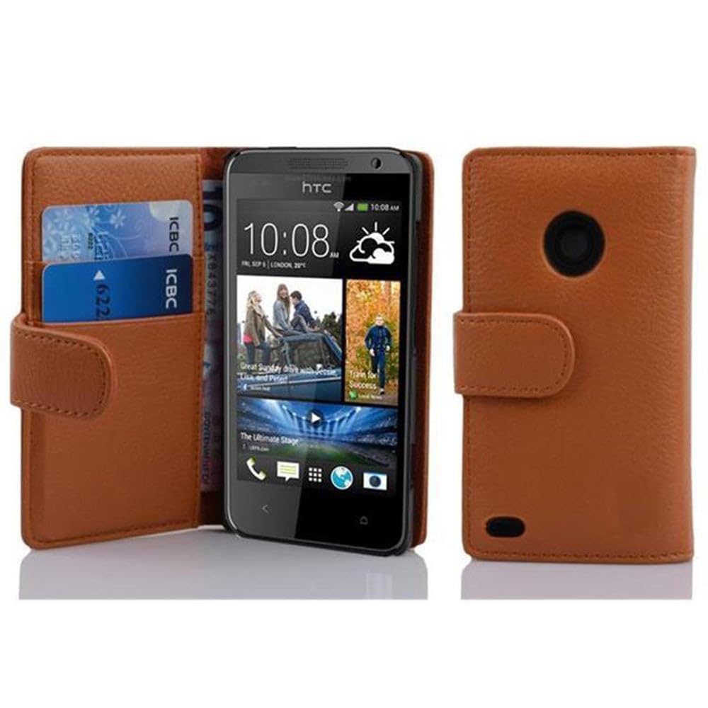 cadorabo Book Case works with HTC DESIRE 300 in SADDLE BROWN - with Stand Function and Card Slot made of Structured Faux Leather - Wallet Etui Cover Pouch PU Leather Flip